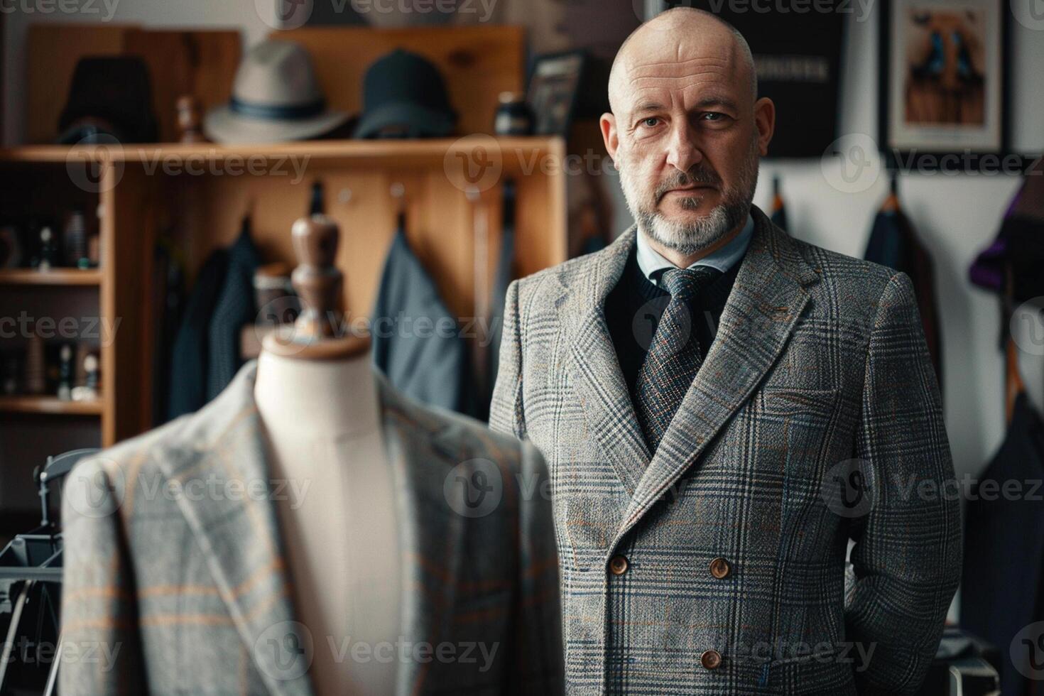 Man fashion designer stands with sewing mannequin in the tailor shop. photo