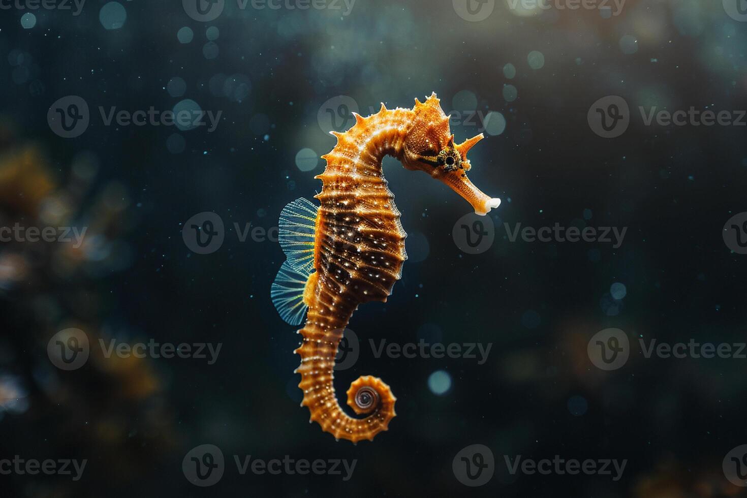 Seahorse floating in the dark deep sea water. Daylight. photo