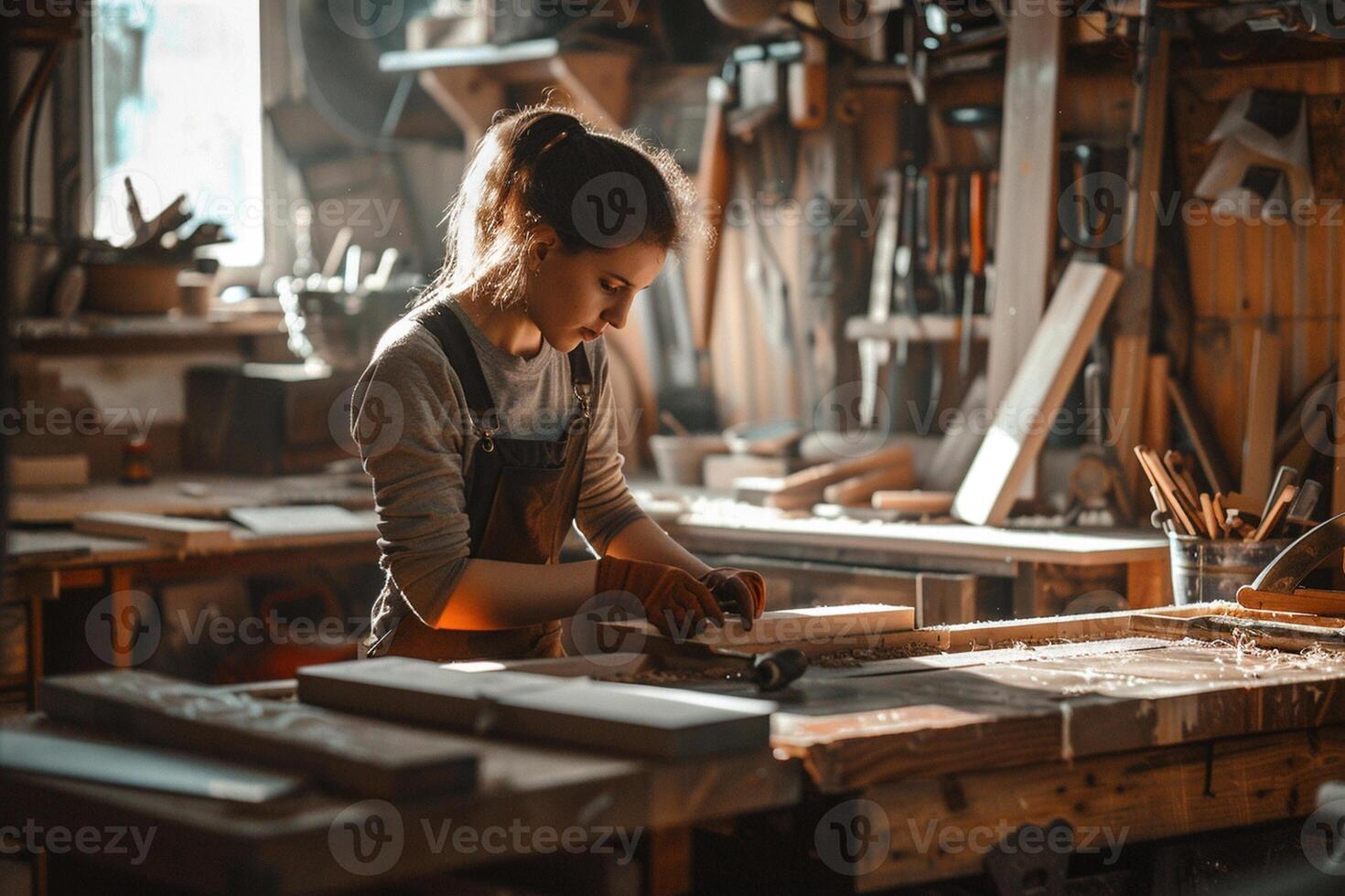 mujer hermoso carpintero trabajando con madera en taller. foto