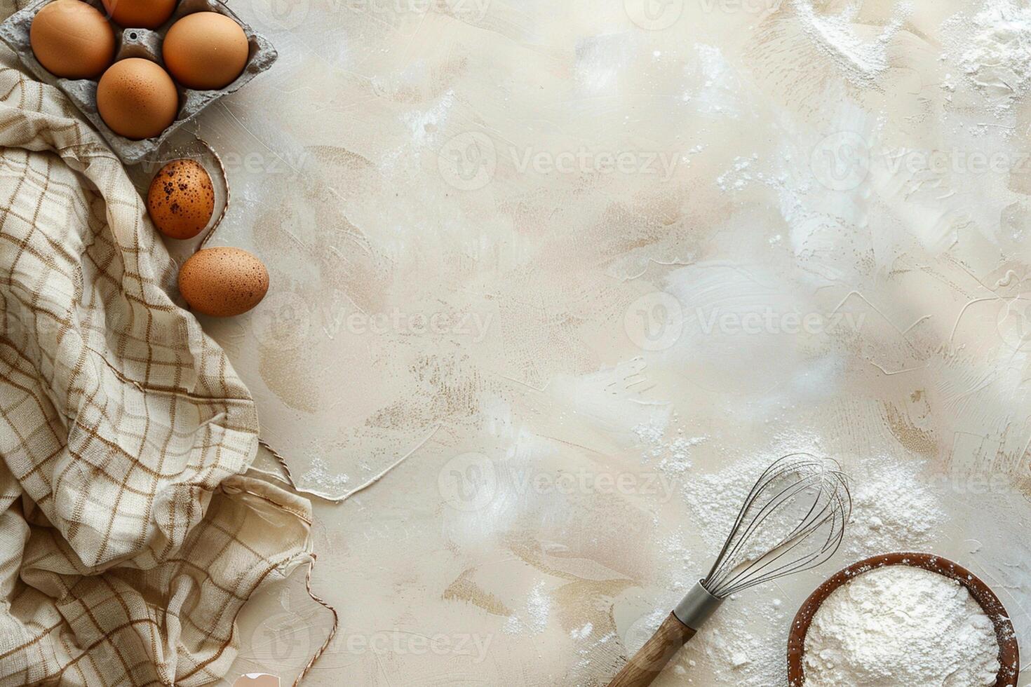 Background for baking. Flour, eggs, whisk on a light beige pastel background. photo
