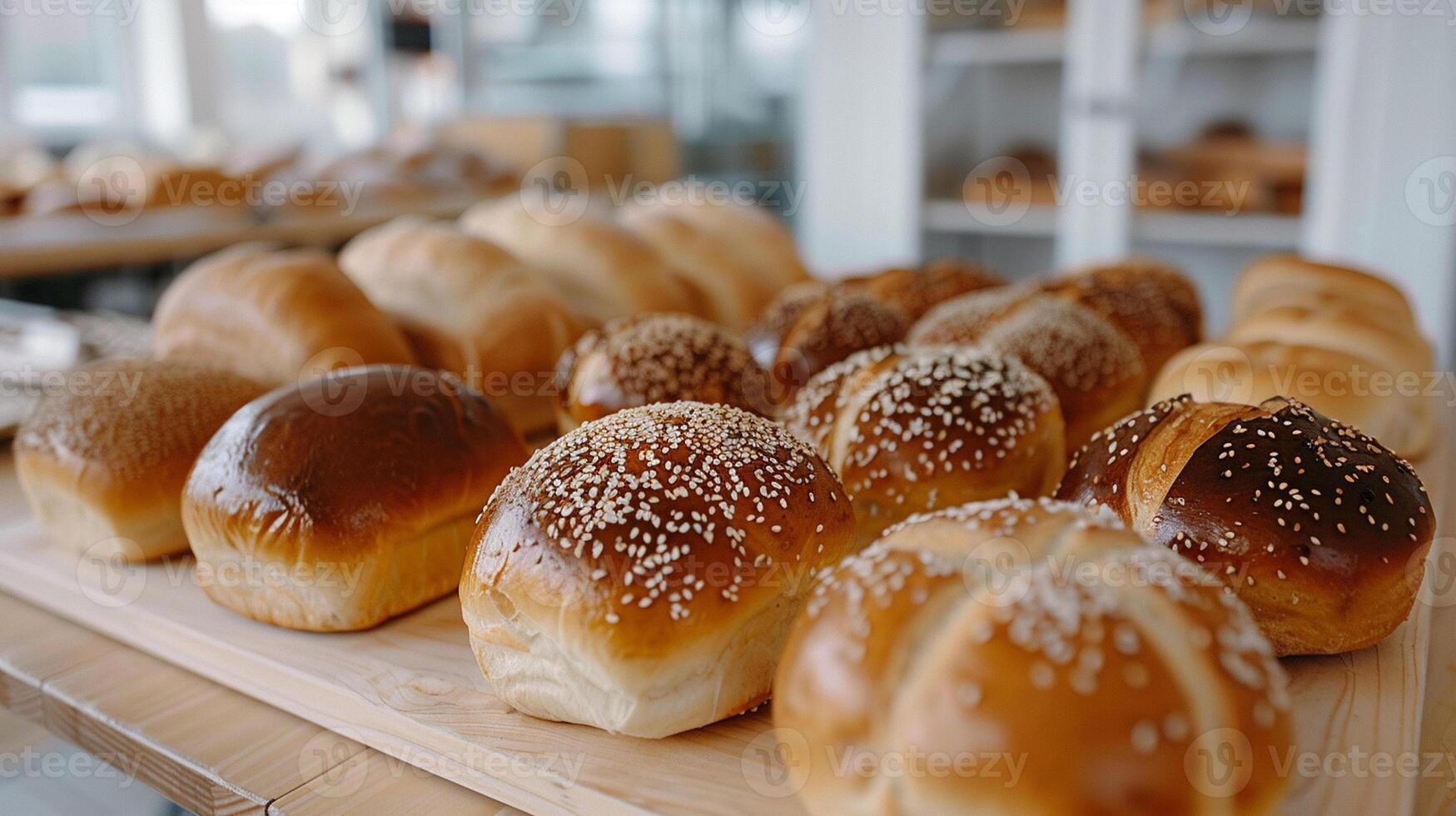 Assortments of tasty buns on a light wooden table in a bakery. photo