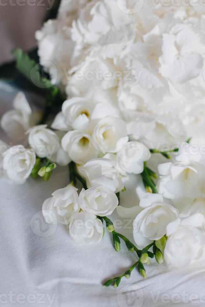 Beautiful white Freesia and Hydrangea flowers on a white background in a morning sunlight. photo