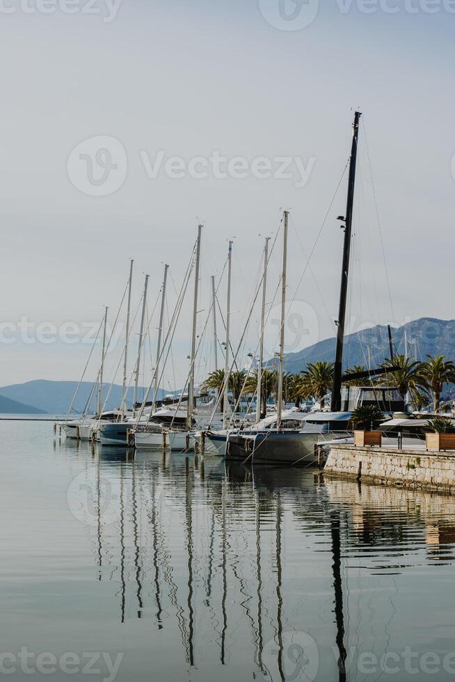 Amazing view of yacht marina Porto Montenegro in Tivat, Montenegro. Beautiful sunny day. photo