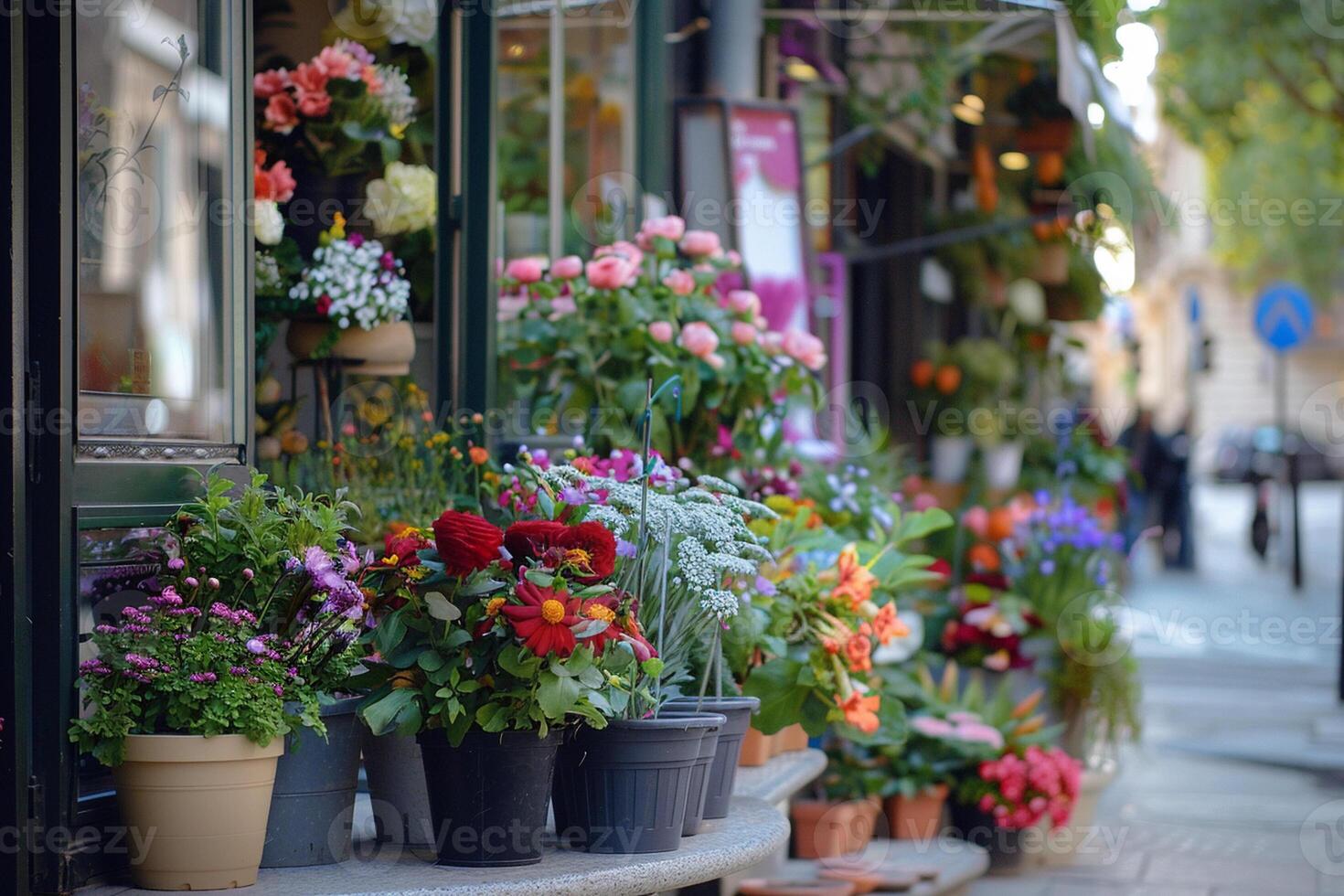 flor tienda decorado con diferente flores en un ollas. borroso calle en un antecedentes. foto