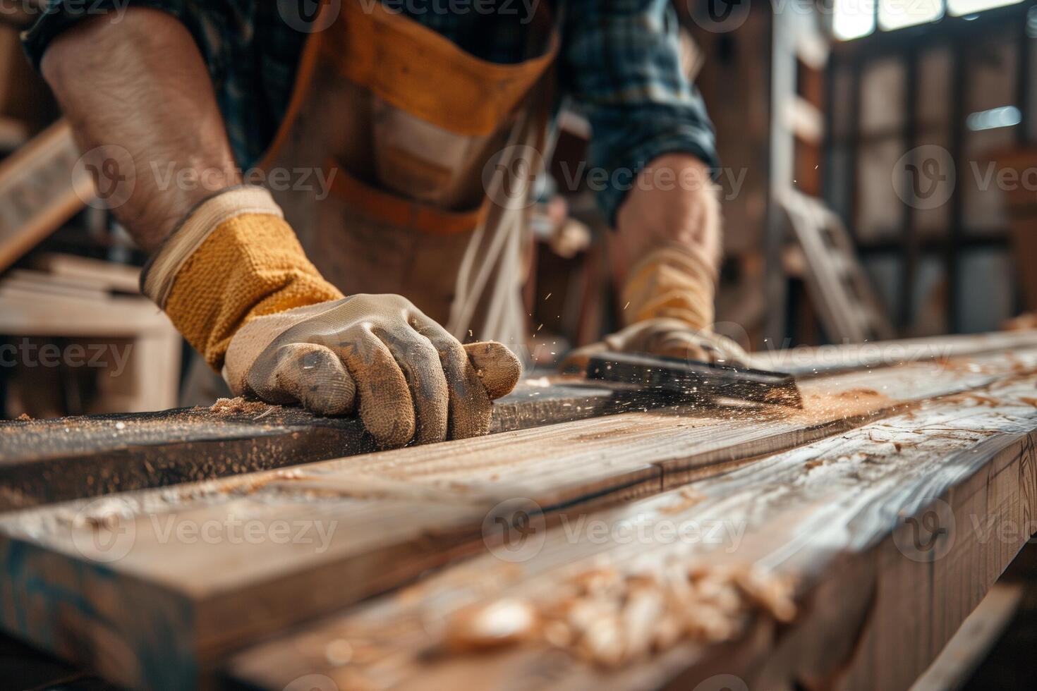 Carpenter's hands in a gloves with a wooden bar in workshop. photo