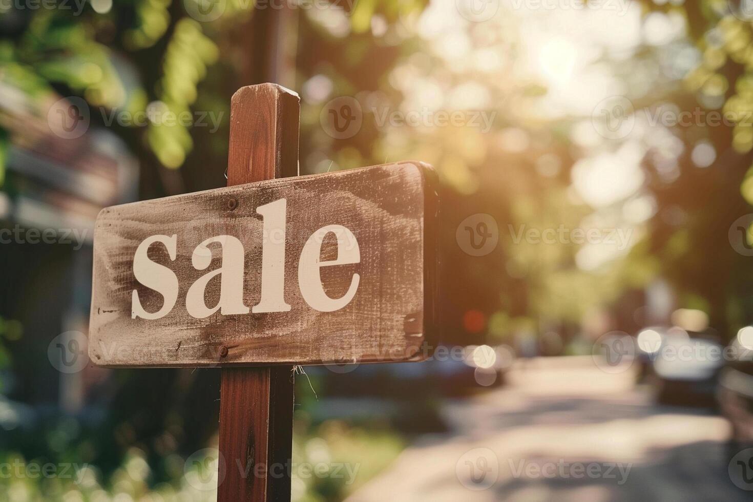 Wooden sign with text sale. Modern big house on blurred background in a sunny day. photo
