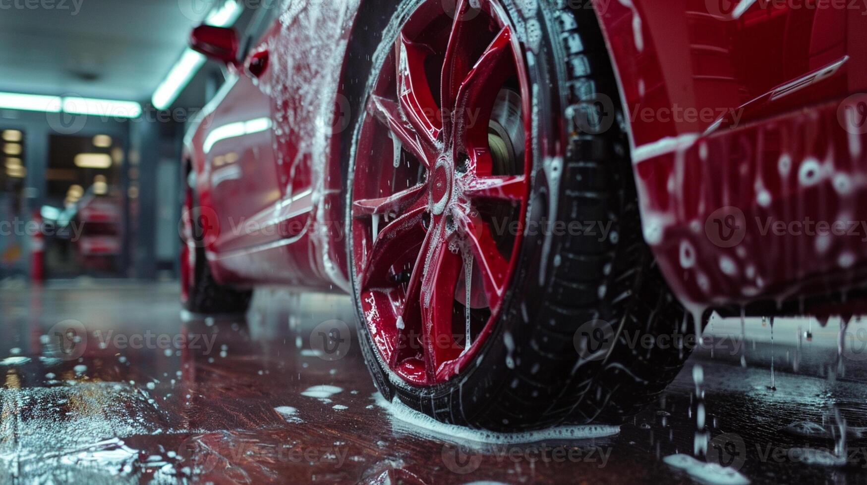 High-pressure washing of red car wheel. Self-service car washing. photo