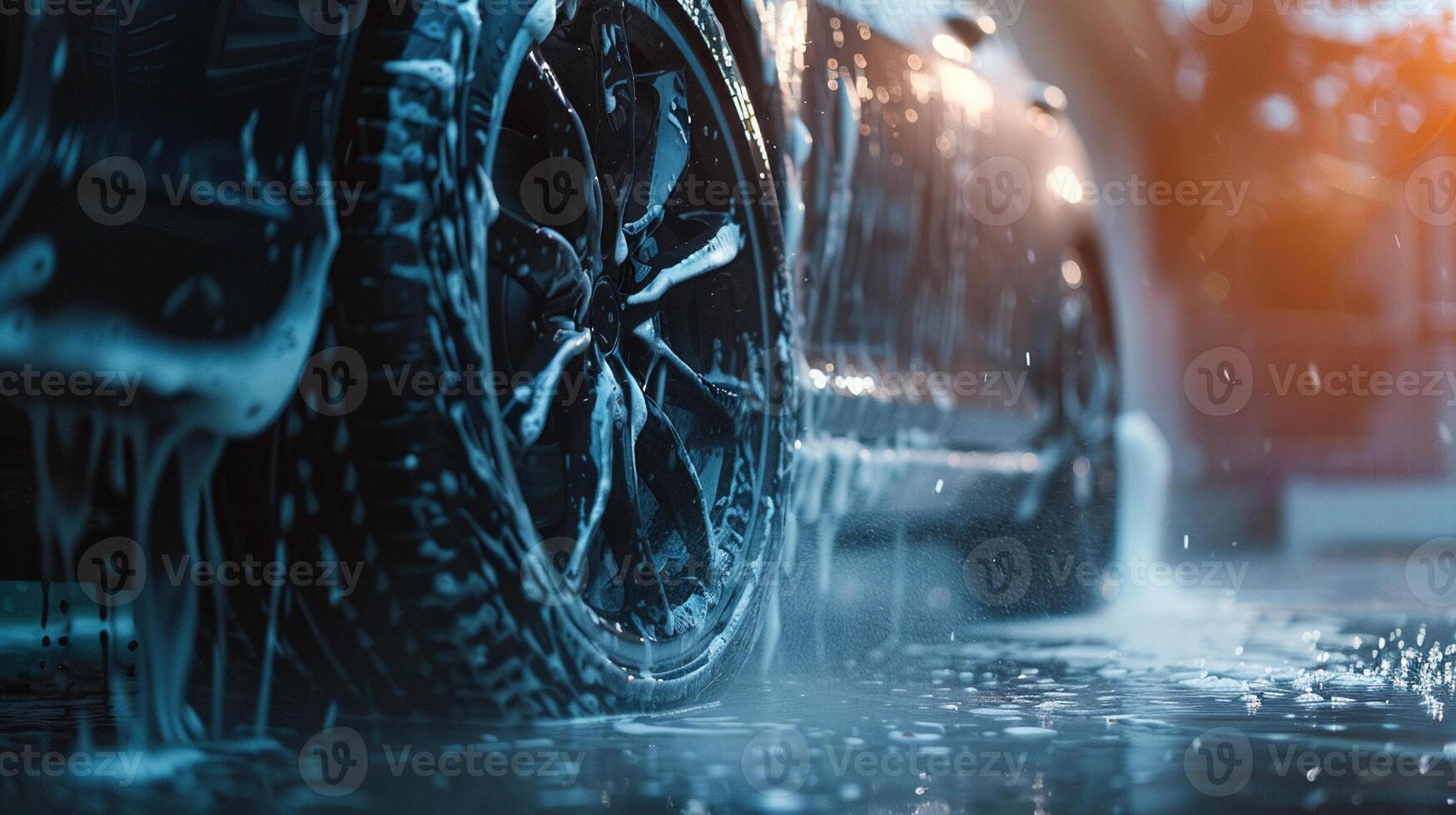 High-pressure washing of car wheel. Self-service car washing. photo