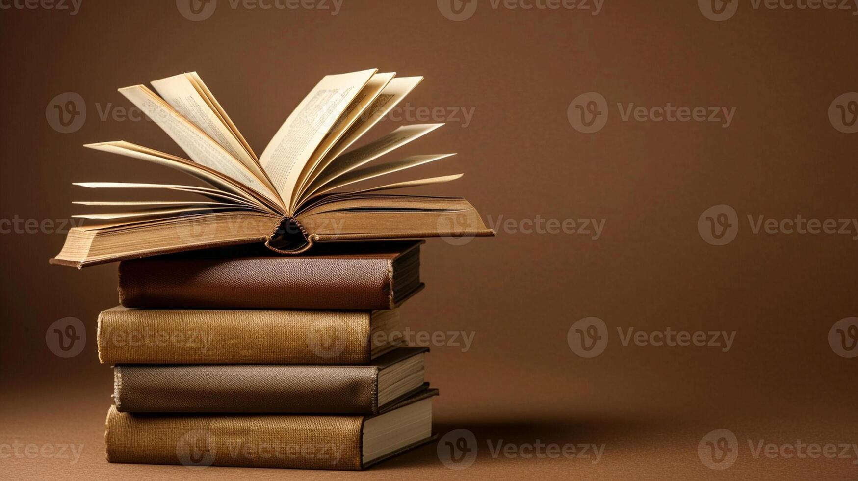 Stack of books on a brown background. Concept for World Book Day. photo