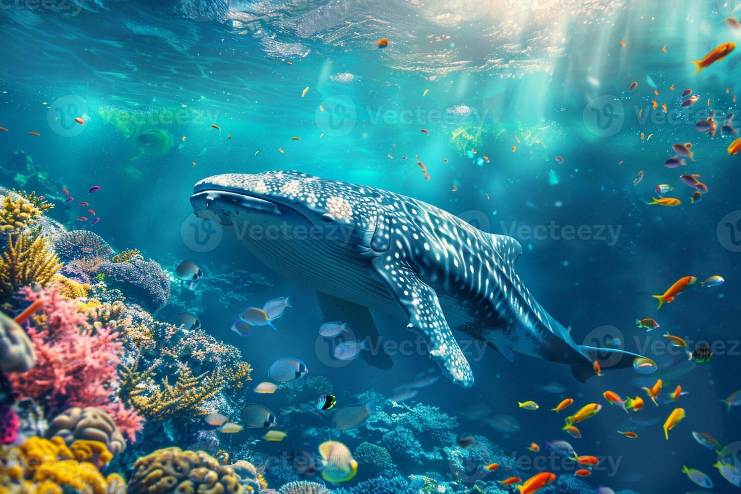 Large whale and small tropic fish floating underwater. Corals and seaweed on a bottom. photo