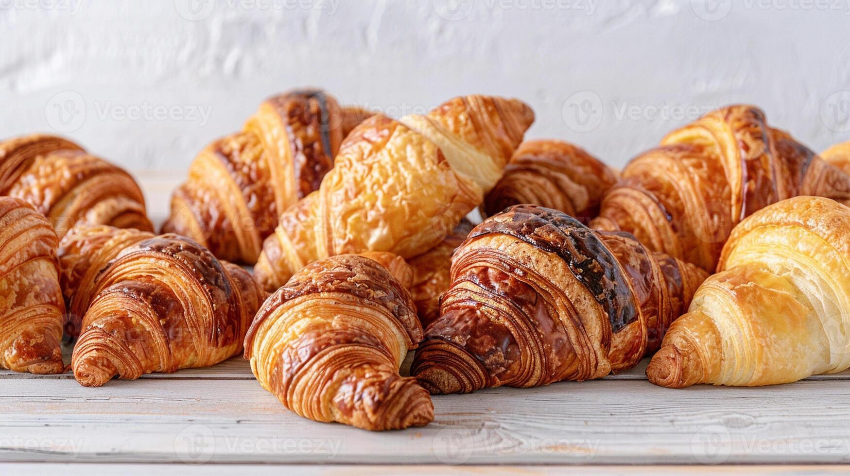 Assortments of fresh french croissants on a light wooden table in a bakery. photo