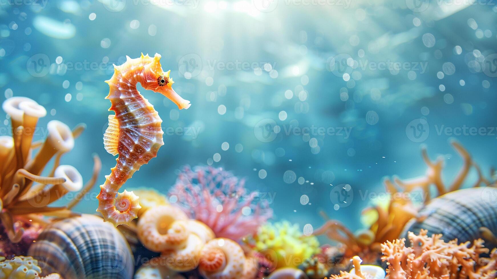 Seahorse floating underwater on a foreground. Shells and bright corals at the bottom of the ocean on a background. photo