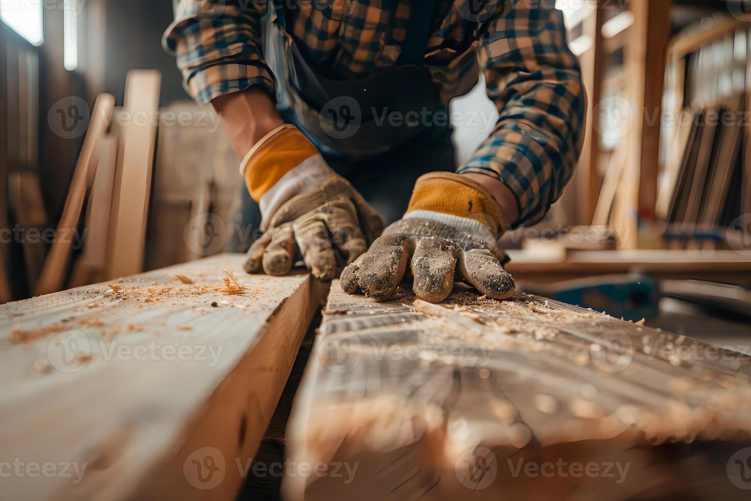Carpenter's hands in a gloves with a wooden bar in workshop. photo