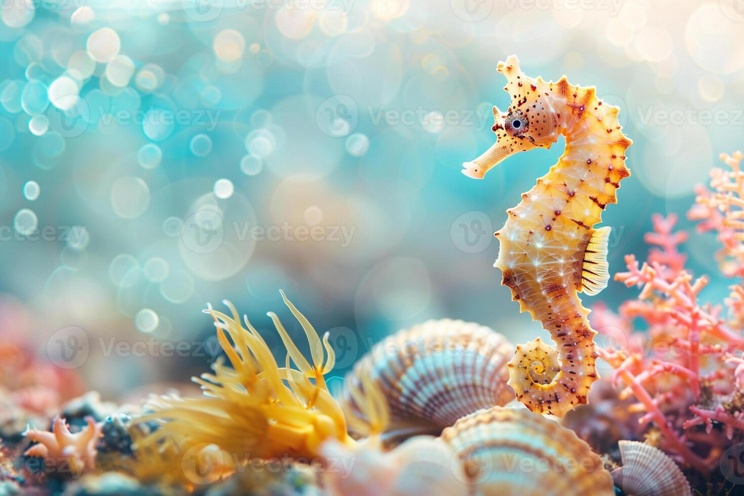 Seahorse floating underwater on a foreground. Shells and bright corals at the bottom of the ocean on a background. photo