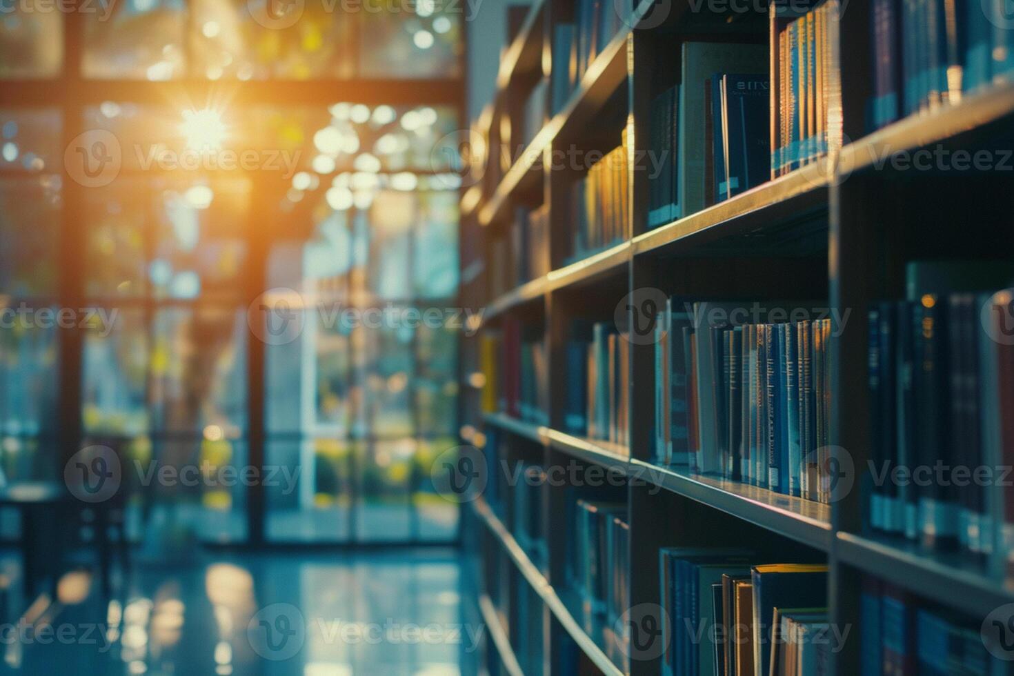 Close-up modern library on blurred background with daylight. Selective focus. photo