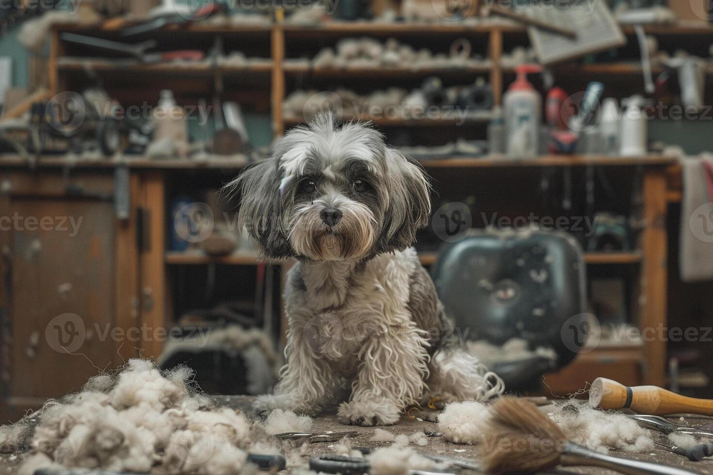 The aftermath of a pet grooming session, tools scattered, fur everywhere, a messy yet satisfying job photo