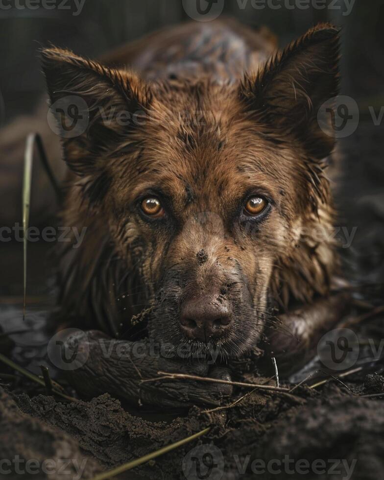 A forlorn pet with fur caked in soil, eyes pleading for care, captured in the dim light of dusk photo