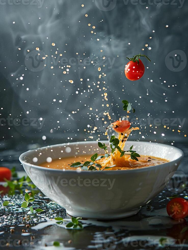 Gourmet chefs challenge norms, turning prepackaged soup into a culinary masterpiece with fresh herbs photo
