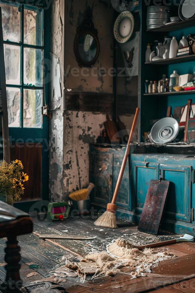 Transforming an unkempt, dirty room into a pristine space, the process of washing, brushing, and cleaning captured in warm light photo