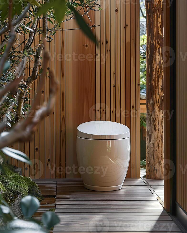 The installation of a toilet outdoors, away from the typical bathroom setting, introduces a connection with the open air photo