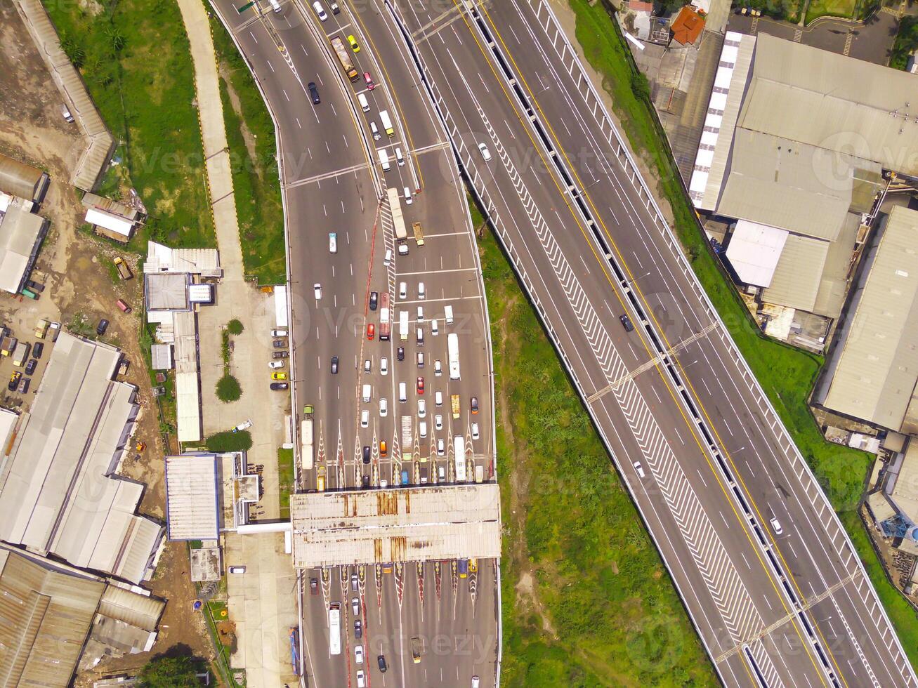 Bird eye view of Cileunyi Highway overpass, highway above the Cileunyi intersection, Bandung, West Java Indonesia, Asia. Transportation Industry. Above. Inter-city road access. Shot from a drone photo