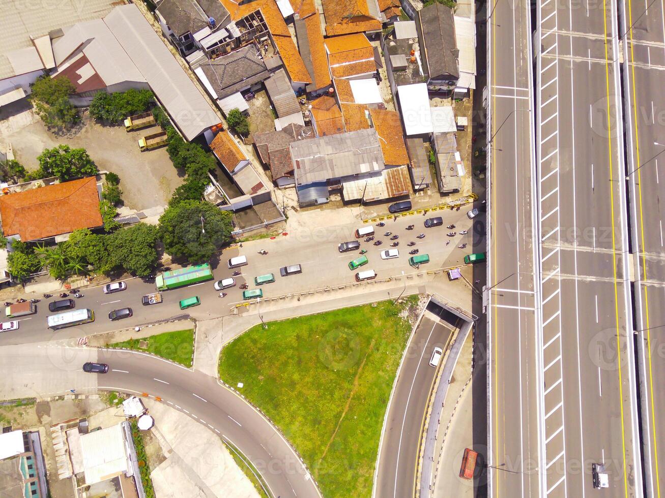 Bird eye view of Cileunyi Highway overpass, highway above the Cileunyi intersection, Bandung, West Java Indonesia, Asia. Transportation Industry. Above. Inter-city road access. Shot from a drone photo