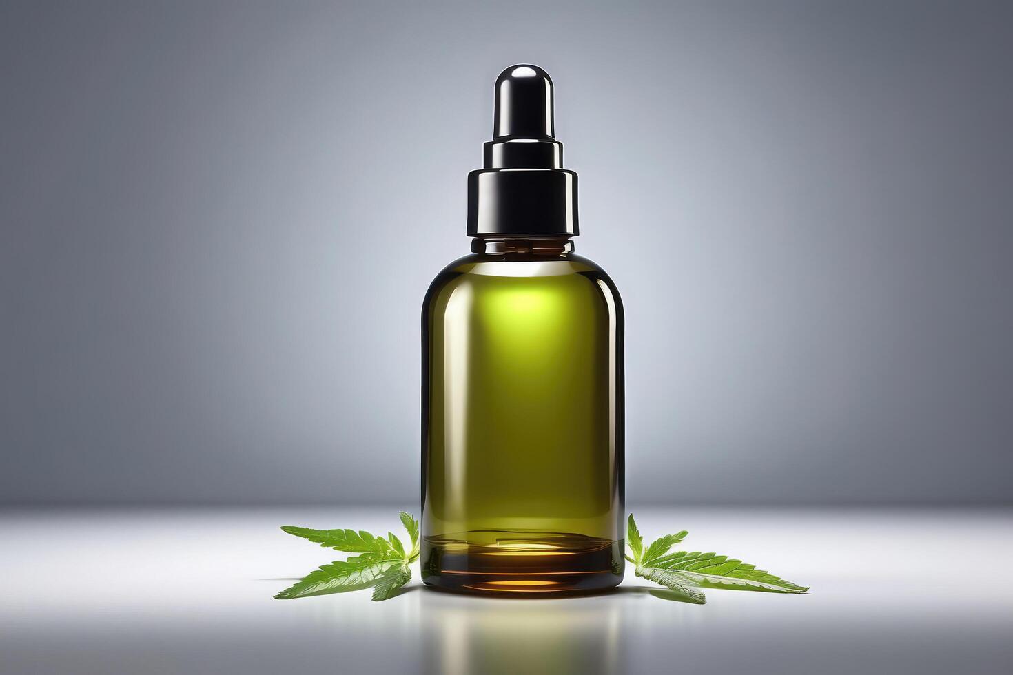 Green Glass Dropper Bottle with Cannabis Leaves - Organic CBD Oil Product Mockup for Health and Wellness Branding photo