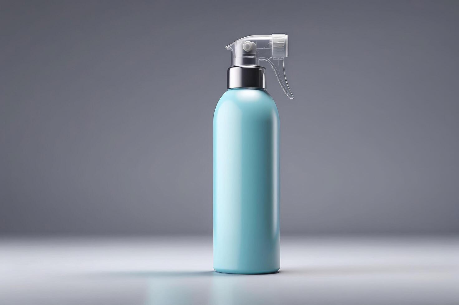 Minimalist Aqua Spray Bottle with Transparent Pump and Space for Branding on a Gray Backgroun photo