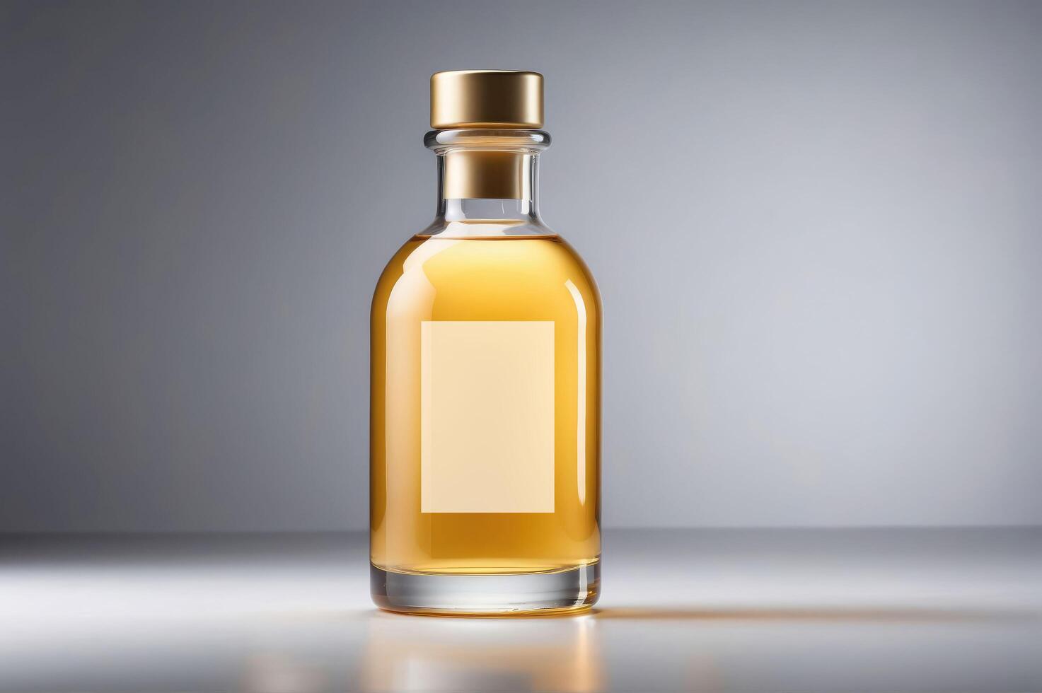 Refined Amber Liquid in Clear Bottle with Golden Cap - Premium Essential Oil or Skincare Product Mockup for Luxurious Brand Presentation photo