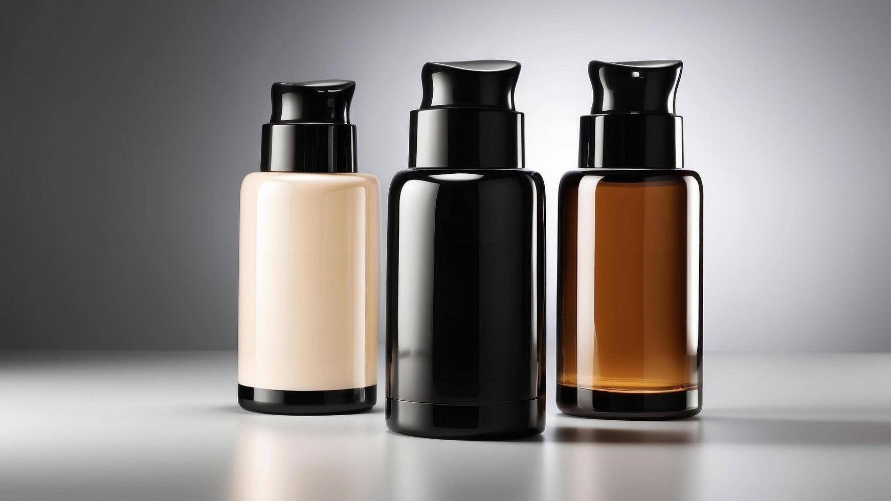 Luxury Trio of Foundation Pump Bottles in Beige, Black, and Amber on a Glossy Surface photo