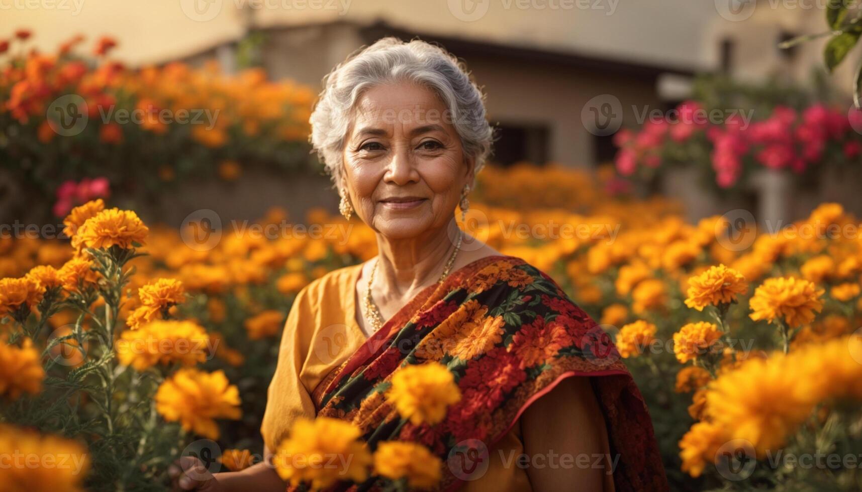 Mature Woman in a field of marigold flowers. photo