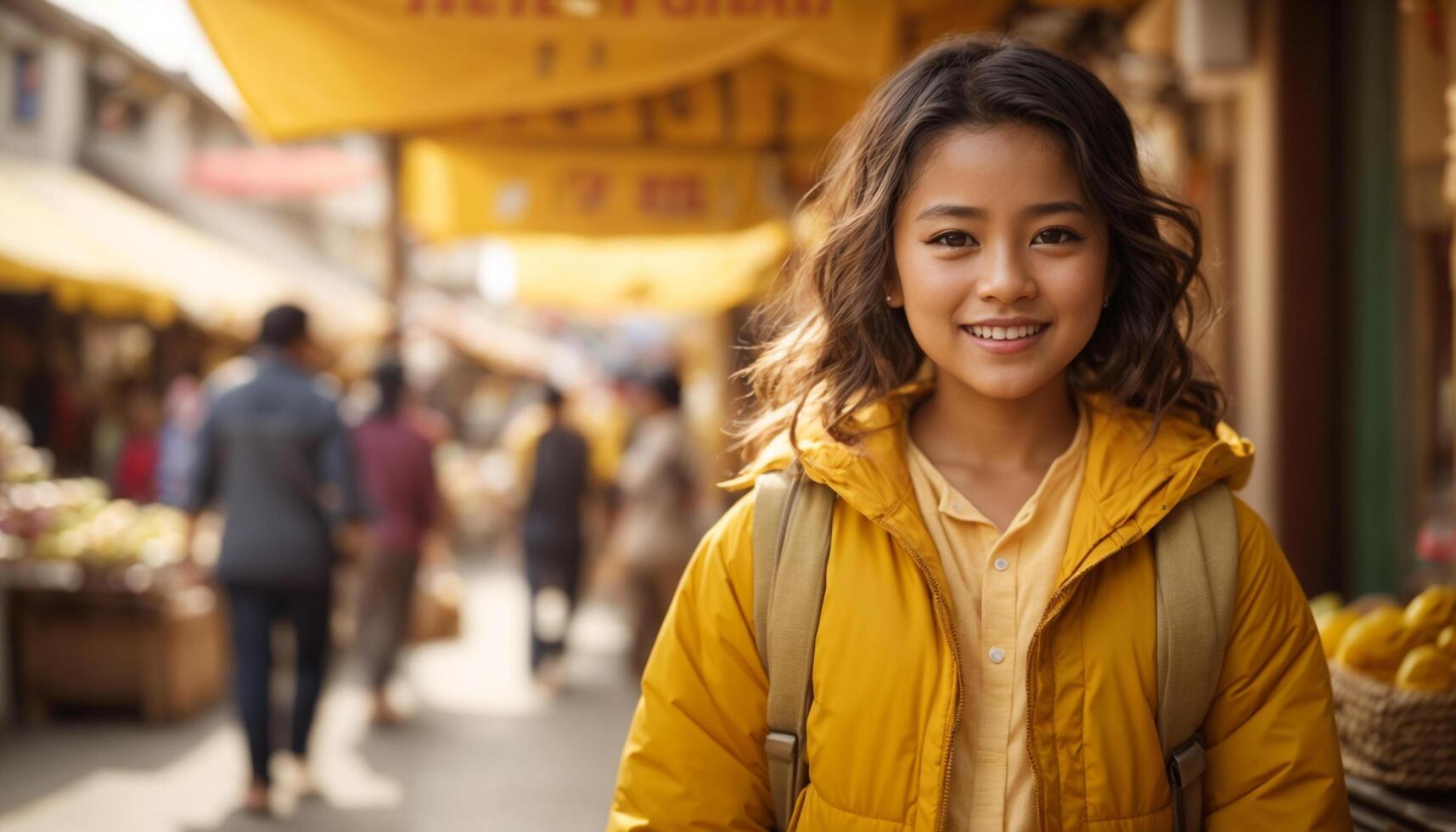 Asian Kids in Traditional Market wearing yellow jacket. photo