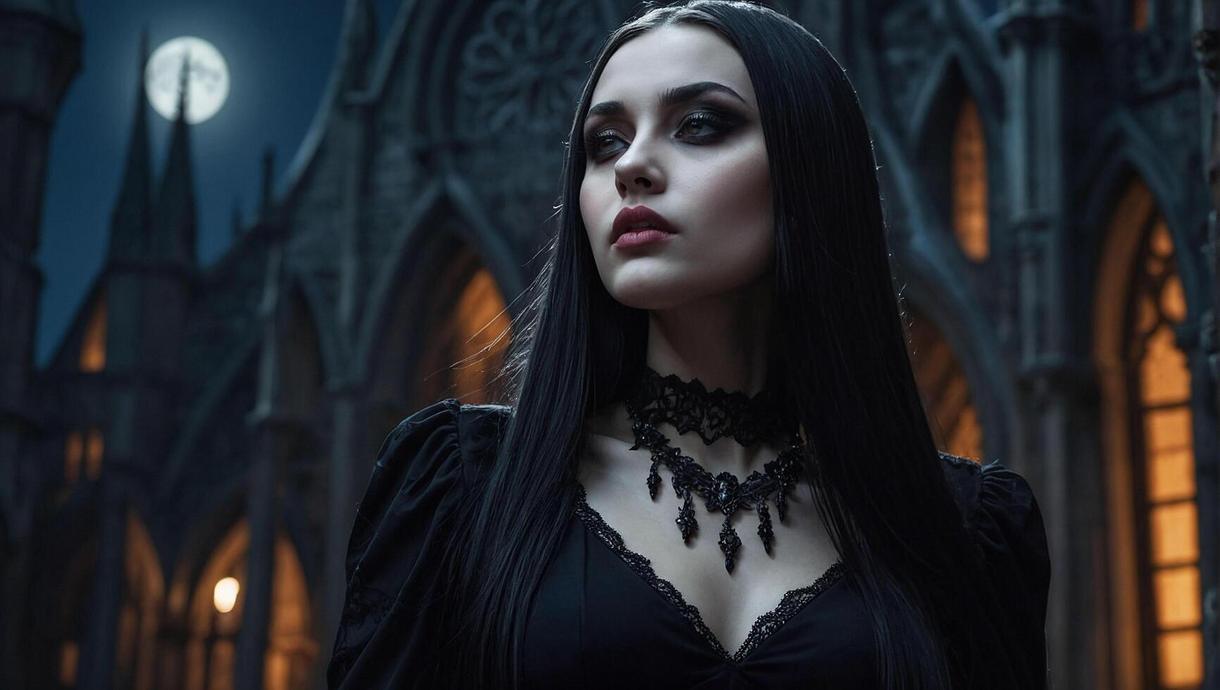 a beautiful goth girl with long straight hair in a short black dress is walking through a gothic city photo