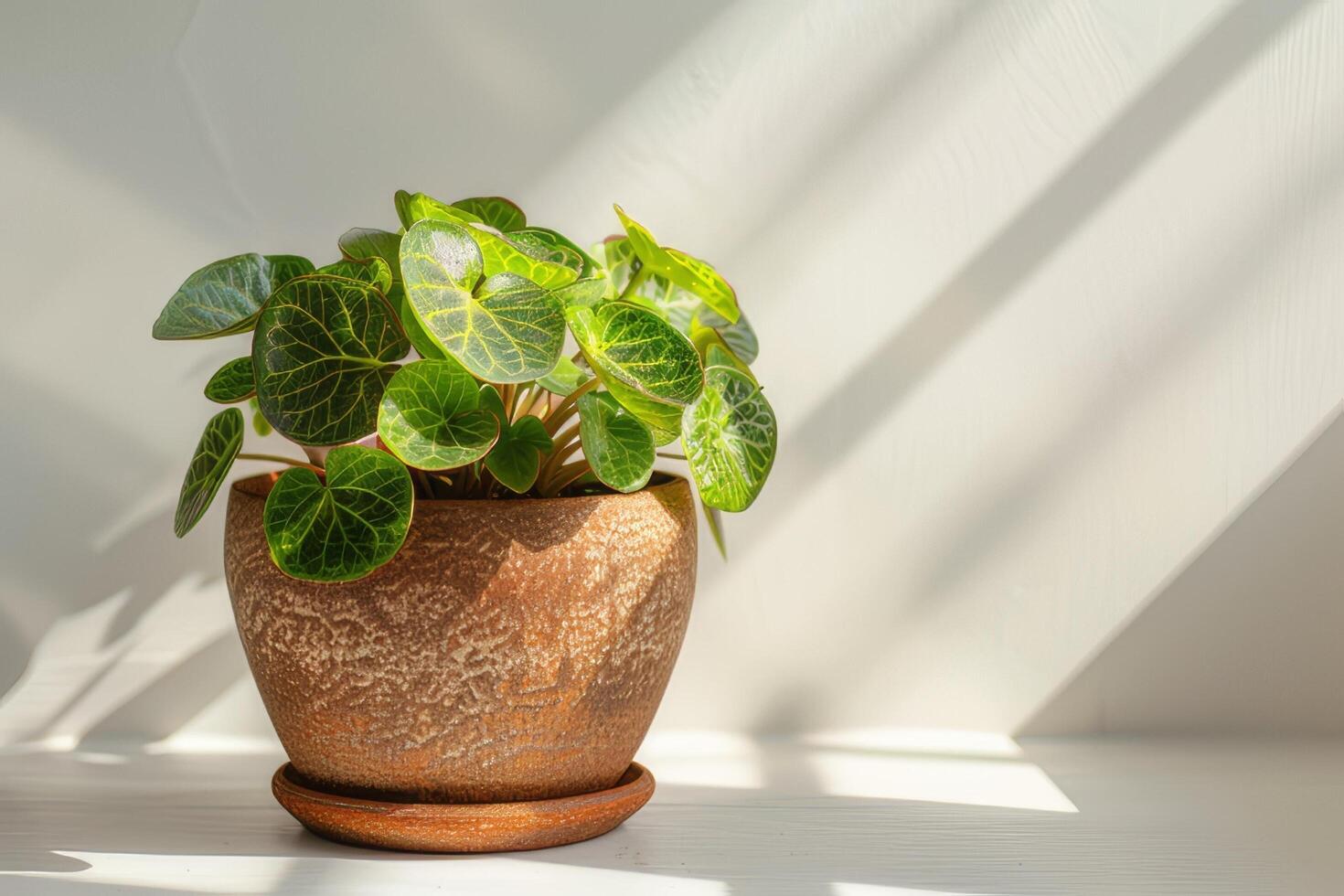 Fittonia in a brown terracotta pot with sunlight against a white background. photo