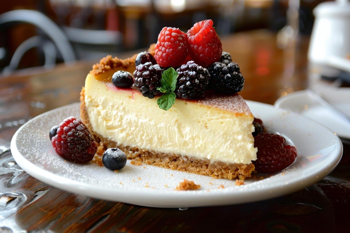 Delicious cheesecake slices with a graham cracker crust and fresh berries on top. photo