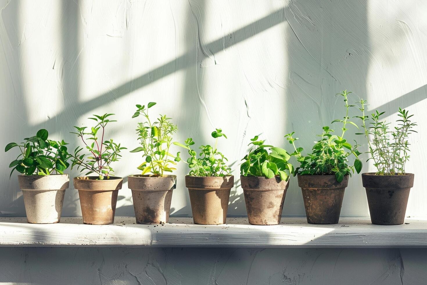 Herbs grown in small pots photo