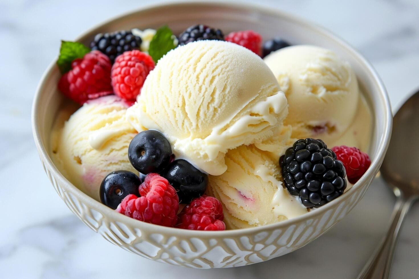 Vanilla ice cream with fresh berries on top. photo