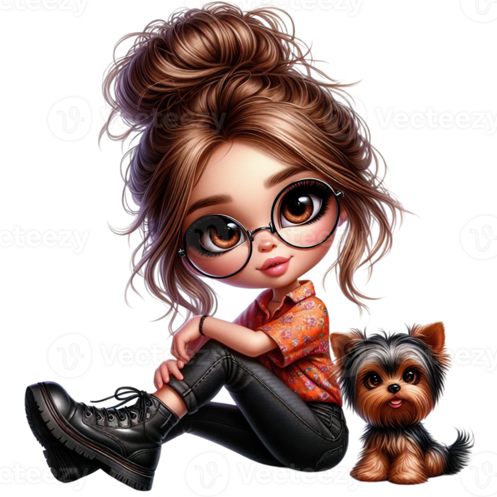 gráficos de un largo peludo chibi niña con un pequeño yorkie perro png