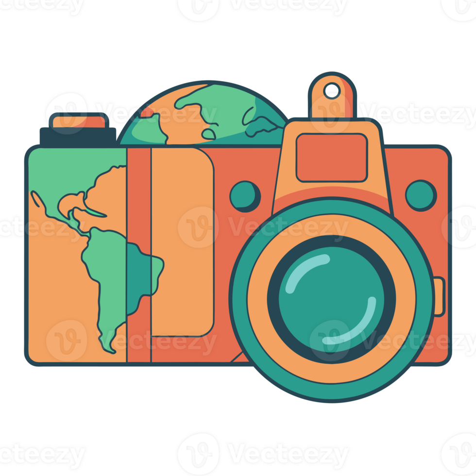 graphics for travelers photo camera on world map background png