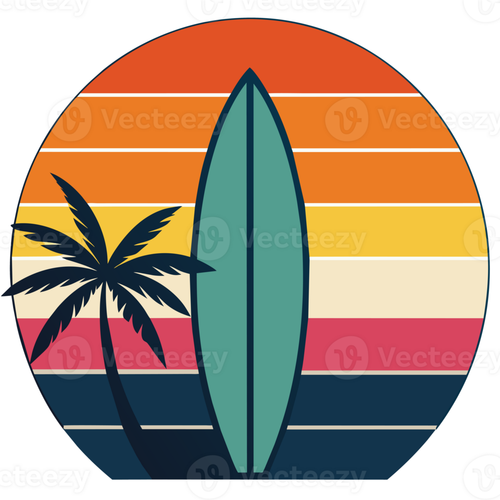 A design depicts a palm tree and a surfboard set against a backdrop of horizontal stripes in warm hues suggesting a sunset png