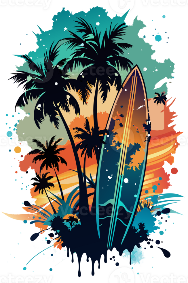 A surfboard stands vertically with a vibrant design featuring a beach sunset and ocean waves png