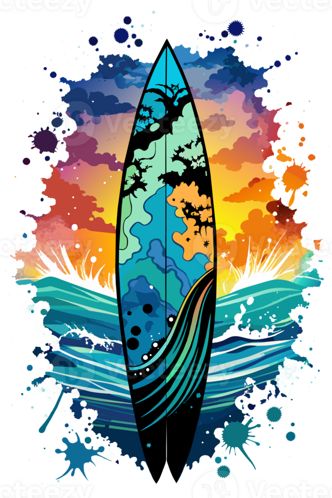 A surfboard stands vertically with a vibrant design featuring a beach sunset and ocean waves png