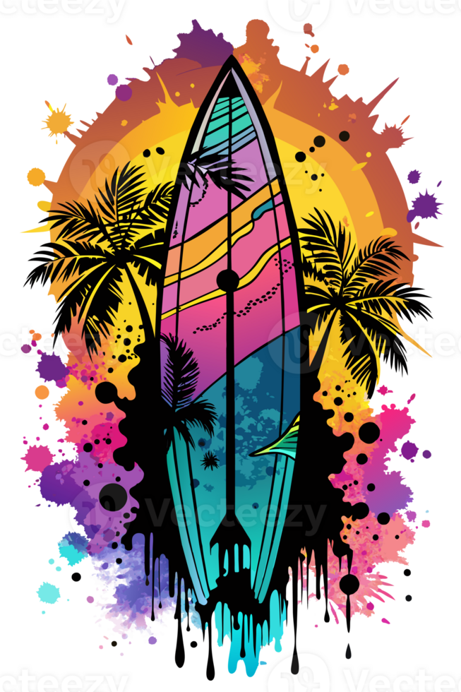 A surfboard stands vertically with a vibrant design featuring a beach sunset and ocean waves png