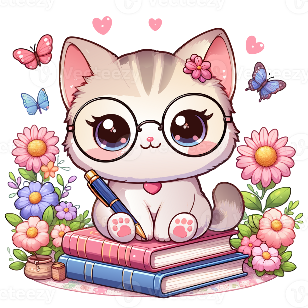 kawaii cat with glasses sitting with a book pen png