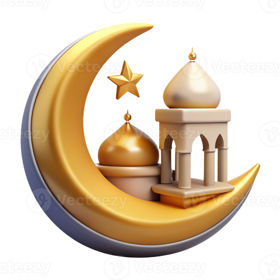 A golden crescent moon cradles a miniature mosque with domes and minarets, accompanied by small stars png