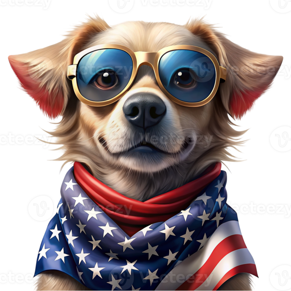 A dog with tan fur is depicted wearing round, blue-tinted sunglasses and a scarf with the American flag pattern png