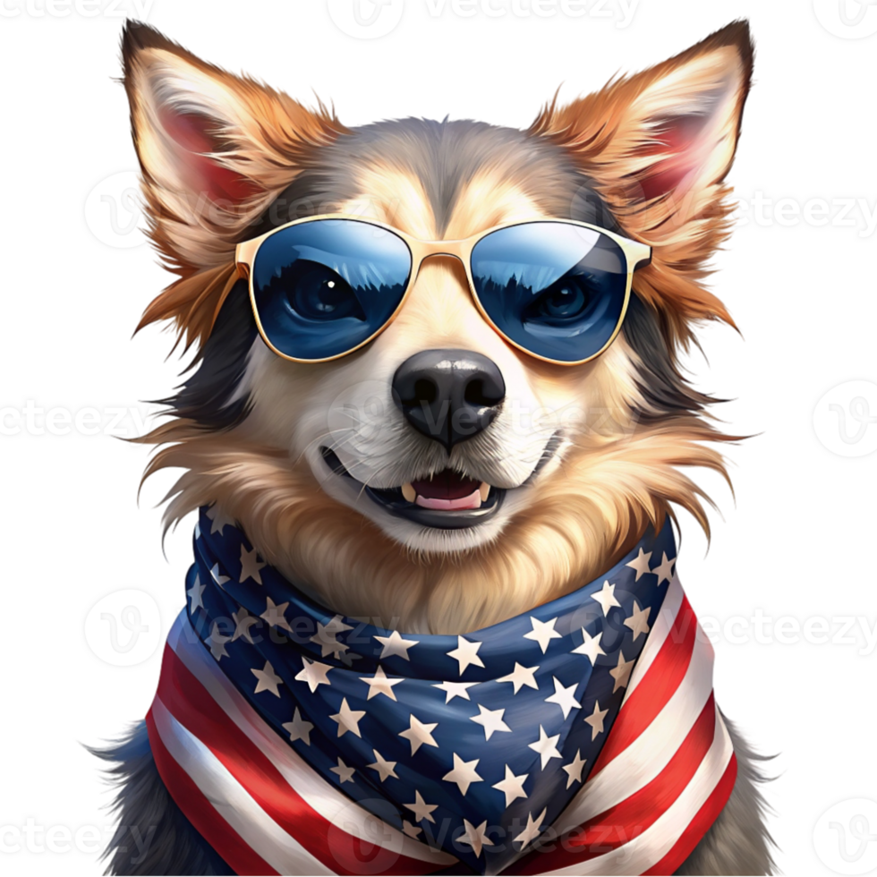 A dog with tan fur is depicted wearing round, blue-tinted sunglasses and a scarf with the American flag pattern png