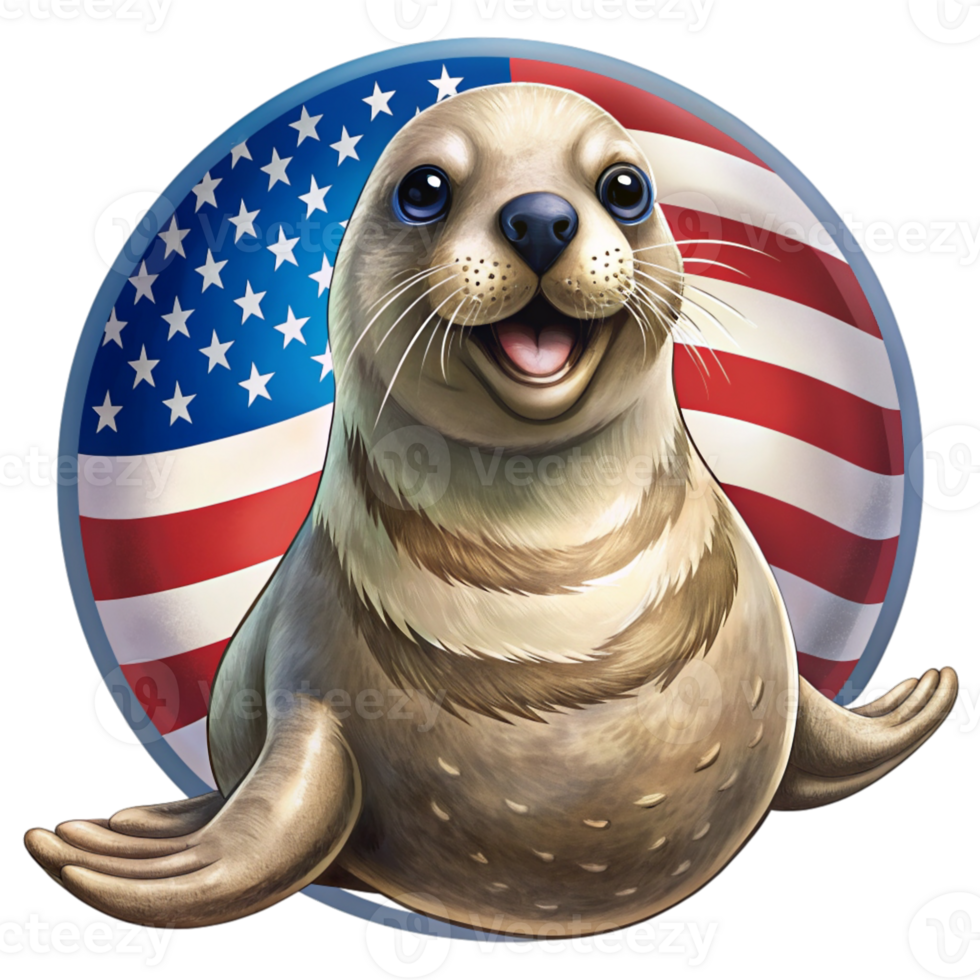 A seal is depicted in front of an American flag backdrop png