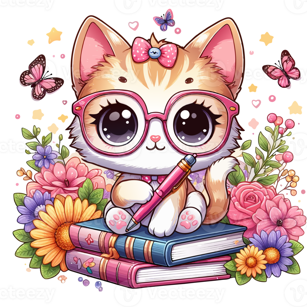 kawaii cat with glasses sitting with a book pen png