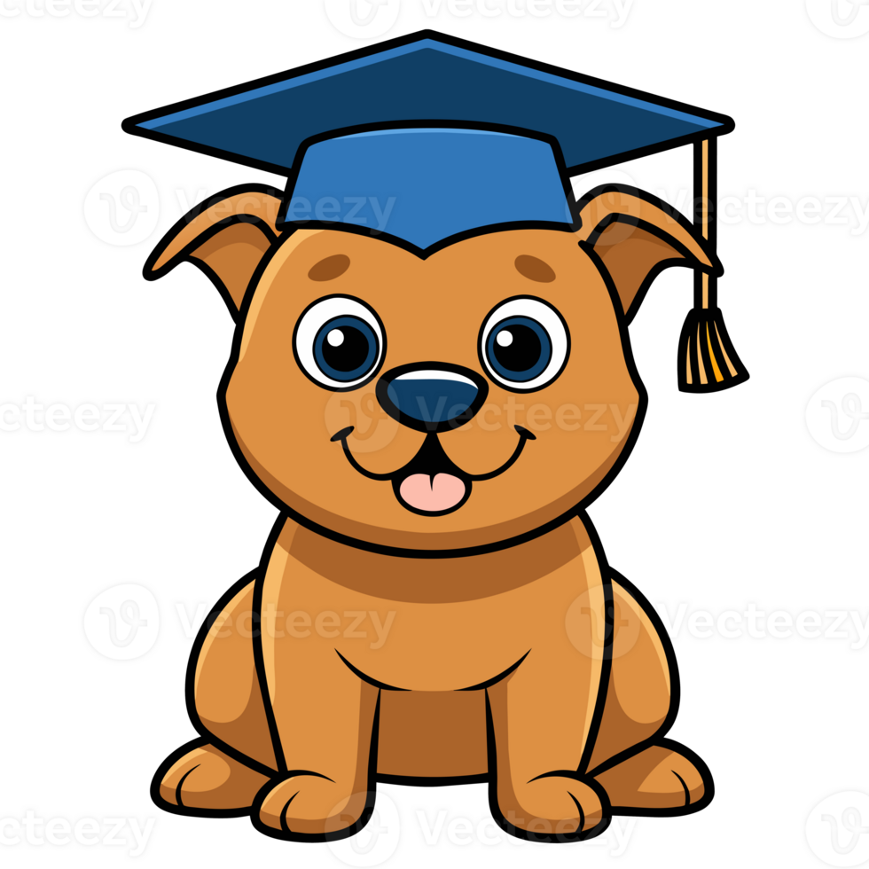 A cartoon dog is wearing a graduation cap and smiling. png